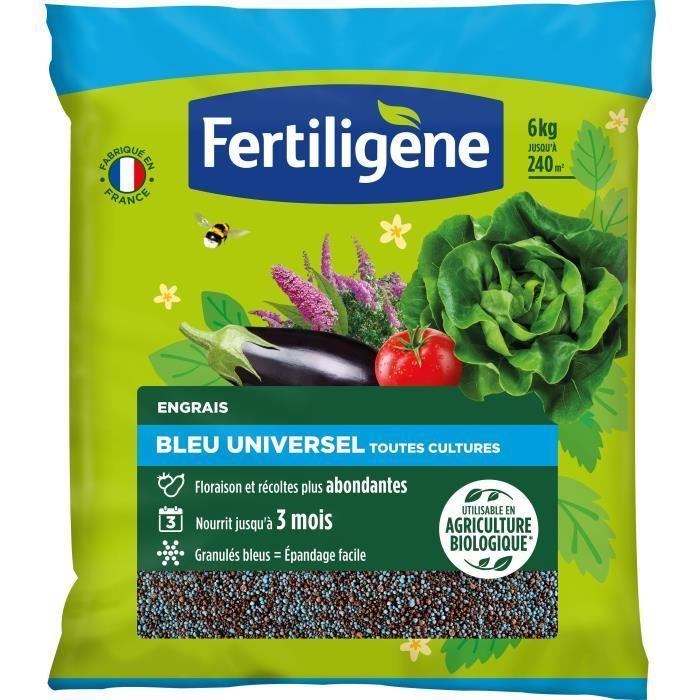 FERTILIGENE FBLEUBIO6 - Fertilizante Azul Universal 6 kg - Floración y cosechas abundantes - Nutre hasta por 3 meses - Para 240 m²