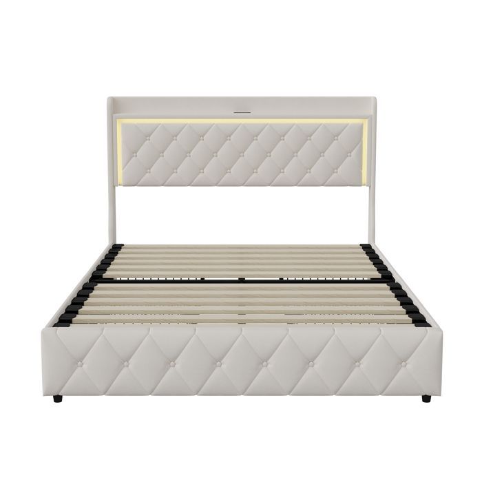 Estructura de cama, WXL, 140x190 cm, con 4 cajones, tela de terciopelo, estructura de cama 140x190 cm, Beige