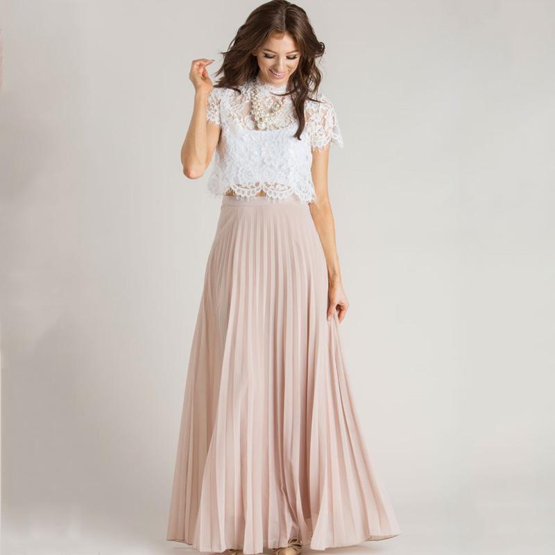 Jupe longue plissée en mousseline sur mesure, taille haute, fermeture éclair, disponible en rose pâle et gris. Style élégant. Toutes couleurs et tailles.
