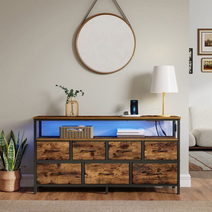 Commode met verstelbare ledverlichting en stekkerdoos, 7 stoffen lades, industriële stijl, slaapkamer, bruin en zwart