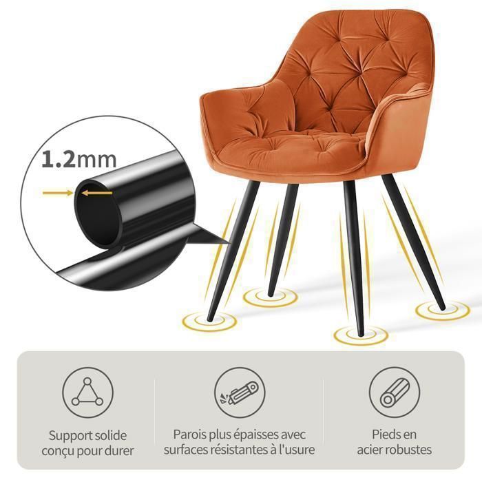 Set di 4 poltrone AINPECCA in velluto arancione con braccioli, schienale comfort a nido d'ape, struttura in metallo, portata massima 120 kg.
