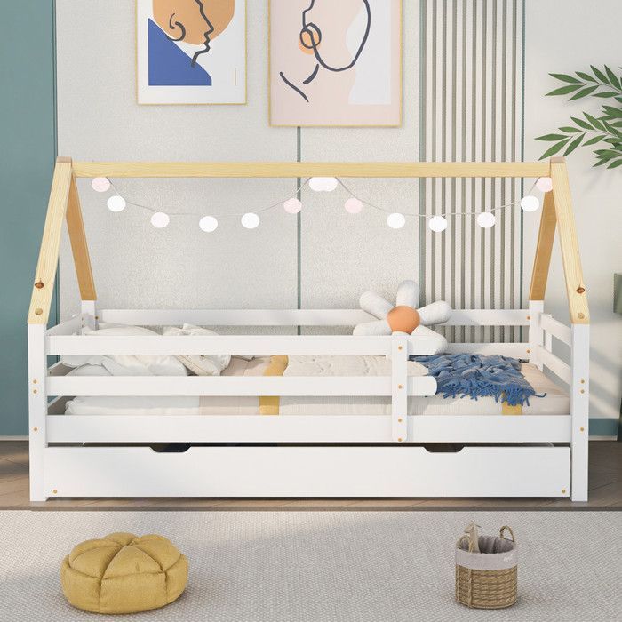 Lit cabane extensible 90 x 200 cm Lit enfant gigogne Bois massif de pin, Sommier à lattes inclus, Couleur blanc et naturel
