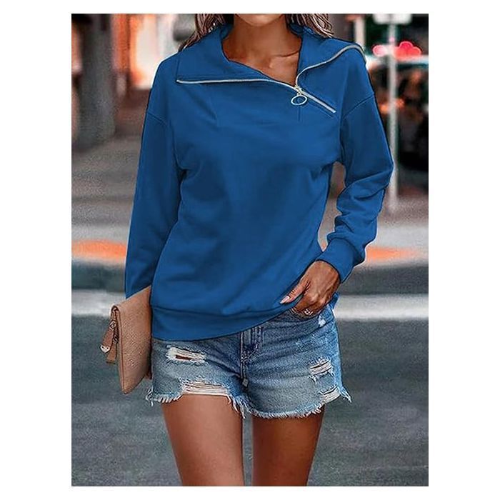 Sweat à Capuche Femme avec Fermeture Éclair Pull Manches Longues et Col en V Chic et Confortable XS Coloris Bleu Marine Unifié