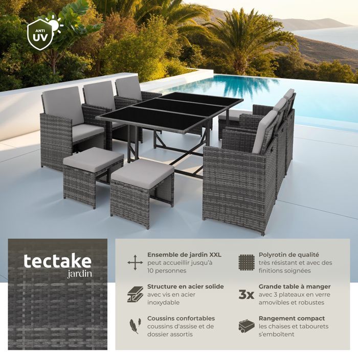 Muebles de jardín - TECTAKE - MALAGA - Conjunto de comedor exterior plegable y apilable para 10 personas en ratán con funda - Gris