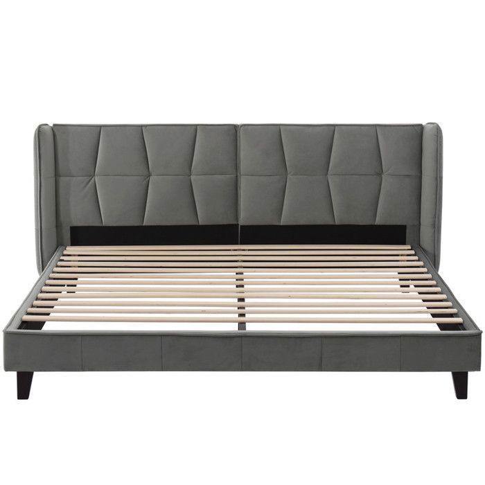 Lit double 180x200 cm - Velours gris - Tête de lit incluse - Sommier à lattes - Montage facile