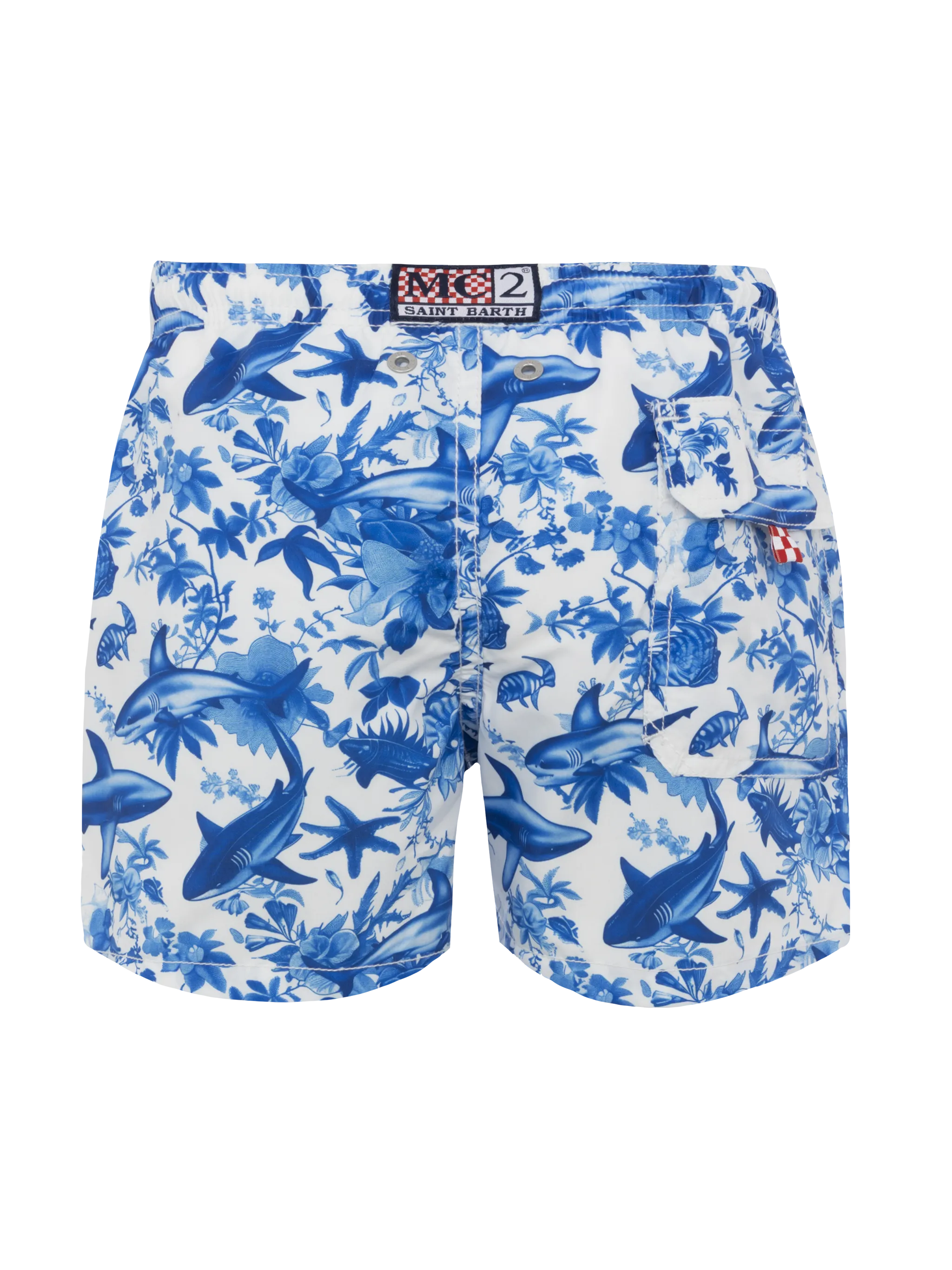 Middellange jeansbadpak met toile de jouy haaienprint | AI