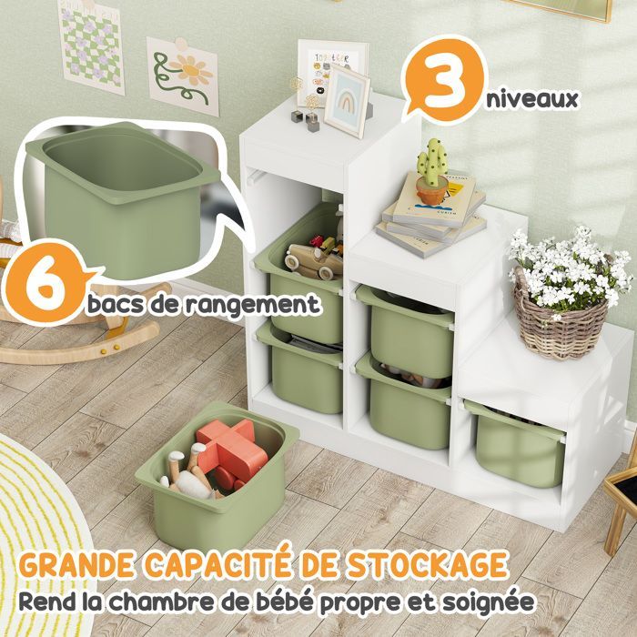 Mueble de almacenamiento de juguetes infantiles - AIYAPLAY - con 6 cajones extraíbles - 3 niveles de almacenamiento - 96 x 38,5 x 90 cm - Verde