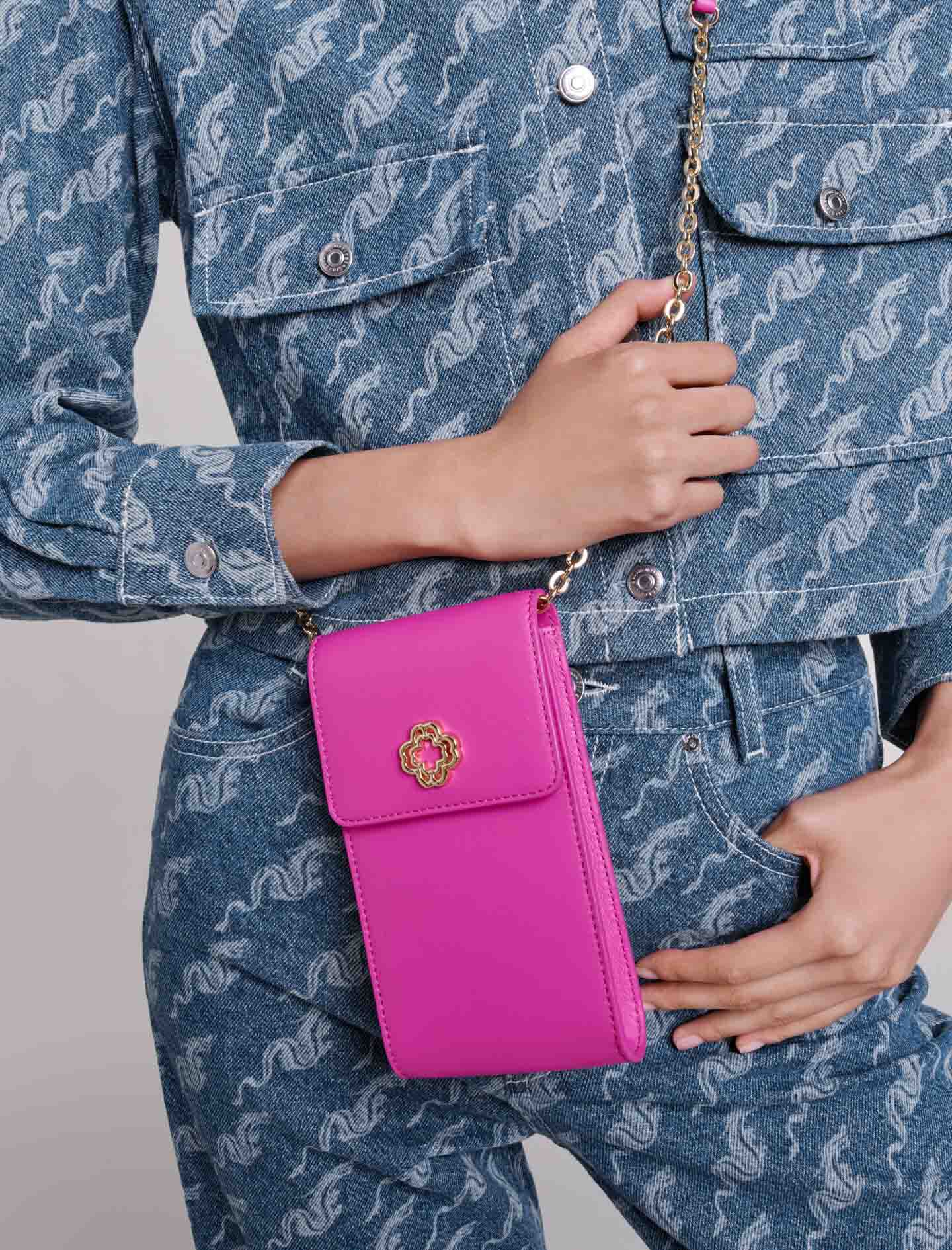 Geantă telefon din piele - Roz fucsia