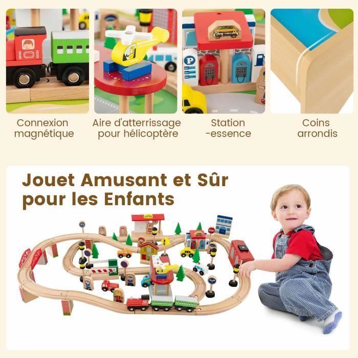 COSTWAY Circuit Voiture Enfant - 84 Accessoires avec Table, Plateau Réversible 2 en 1, Tiroir Coulissant, Train en Bois pour 3 Ans+