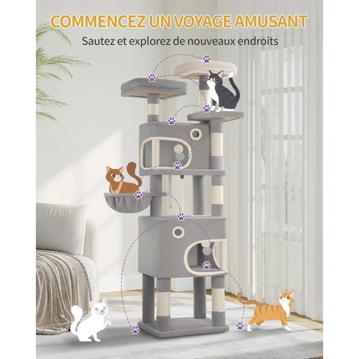 Tiragraffi per gatti, alto 180 cm, torre gioco con 8 pali per graffiare, 3 piattaforme, 2 grotte, cestino, pon-pon, grigio chiaro.