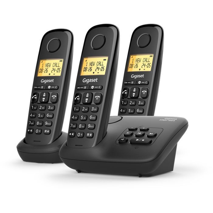 Teléfono fijo - GIGASET - Básico 100A TRIO - Contestador automático - Manos libres - Pantalla retroiluminada - Agenda de 50 contactos - Bloqueo de llamadas - Negro