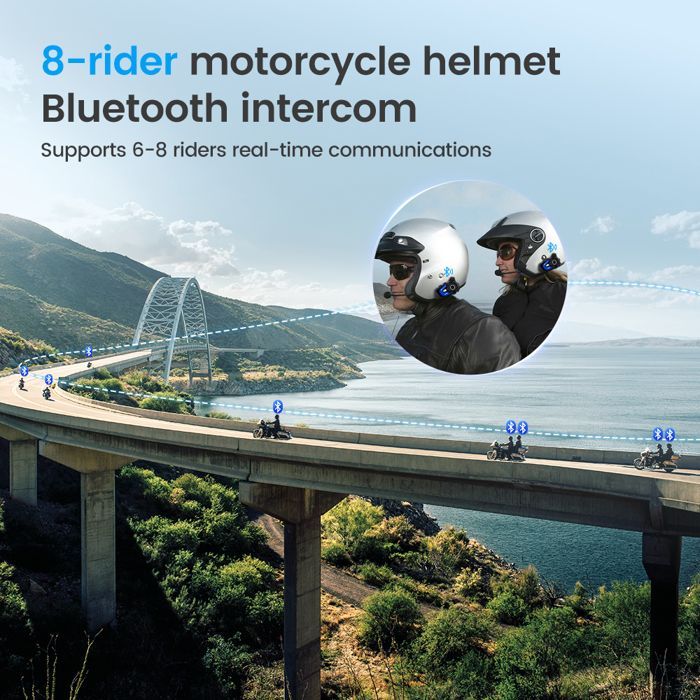 Kit de intercomunicación Bluetooth para casco de motocicleta GEARELEC con micrófono, alcance de 1500 m, para 8 motoristas, resistente al agua IPX67, respuesta automática.