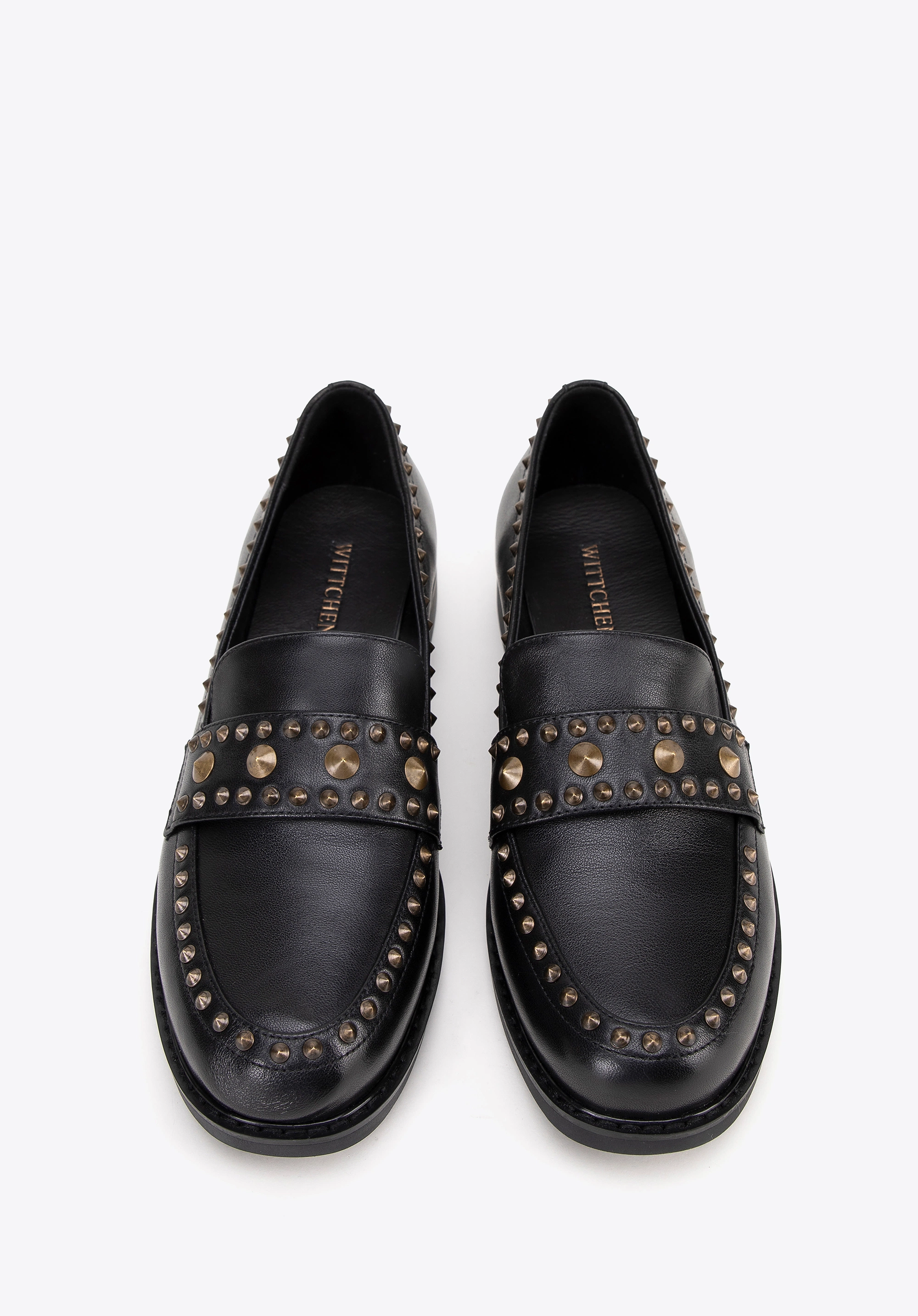 Damskie loafersy skórzane z ozdobnymi nitami czarne