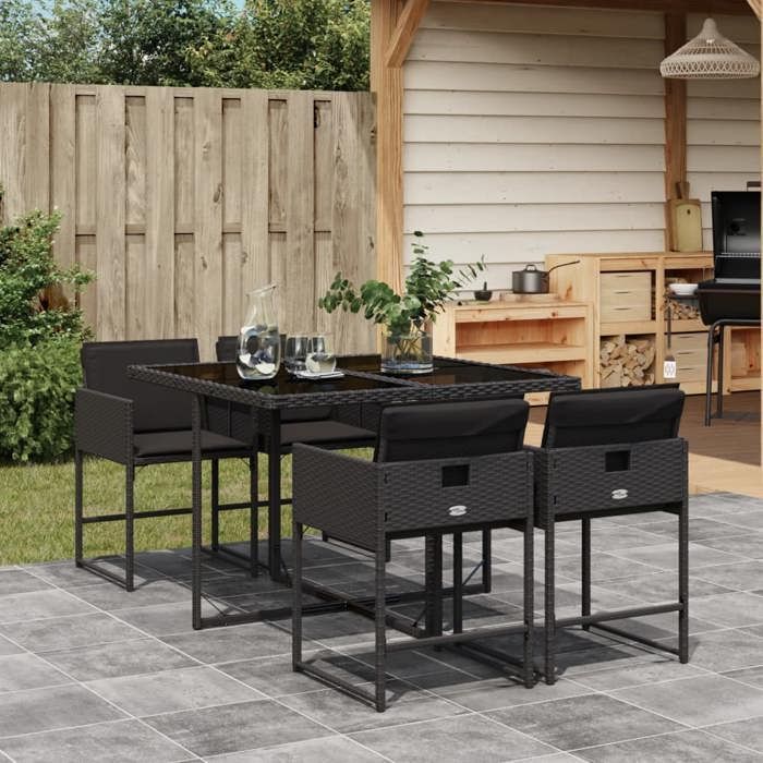 89881926& Ensemble repas de jardin coussins 5 pcs,Table de jardin et 4 chaises - Noir Résine tressée