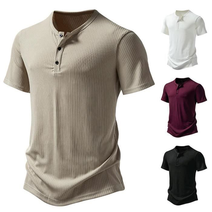 Men's Short Sleeve Henley T-Shirt, Regular Fit, Lightweight Summer Tee, Crew Neck with 3 Buttons, Solid Color - EU Size - Khaki