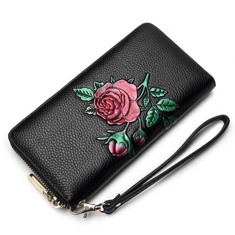 Portefeuille femme en cuir véritable, porte-cartes en cuir, motif floral, grand portefeuille femme en cuir véritable, pochette, pivoine, portefeuilles imprimés