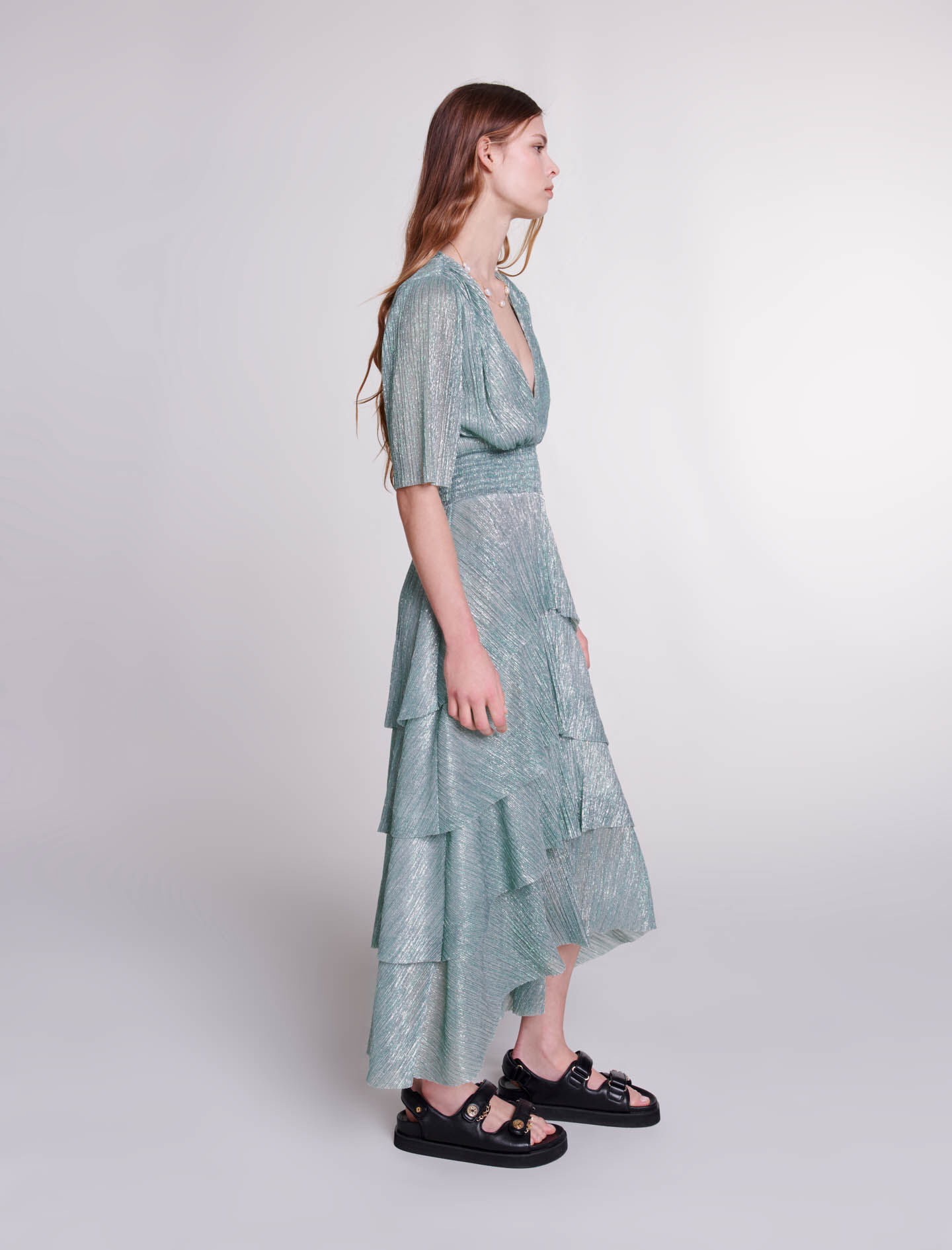 Jurk met elastische lurex ruches - VERT ARGENTE
