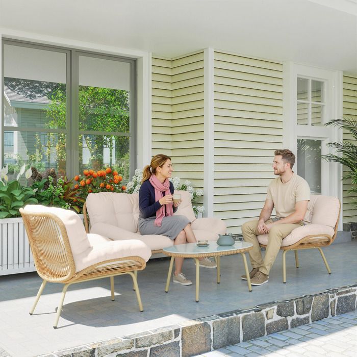 Wicker resin garden furniture set - garden furniture - Outsunny - 12cm thick cushions, 138cm sofa, 2 armchairs and table - beige