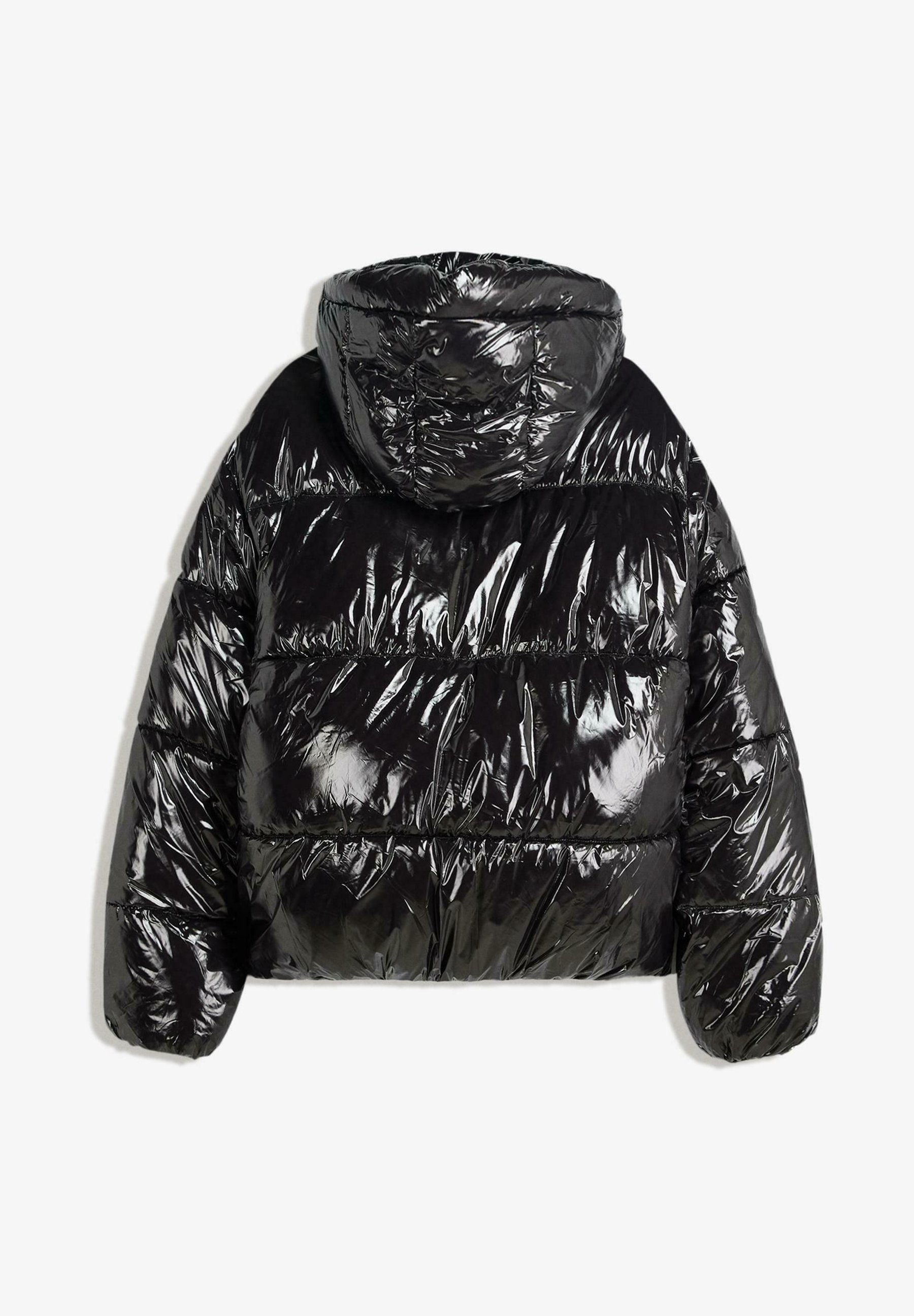 Bershka glanzende pufferjas met capuchon - Winterjas - zwart
