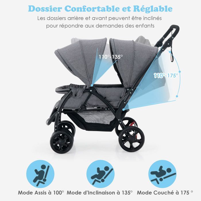 LIFEZEAL Poussette Double Pliable pour Jumeaux Poussette Canne 2 Places Réglable en 3 Positions avec Cosy 4 Roues Charge 30 KG