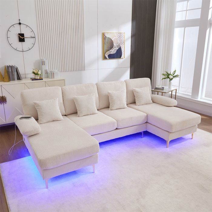 DRIPEX Canapé 4/5 places en forme de U moderne avec Lumière LED et port USB-C,Canapé avec 4 coussins,265*135*88cm,Beige