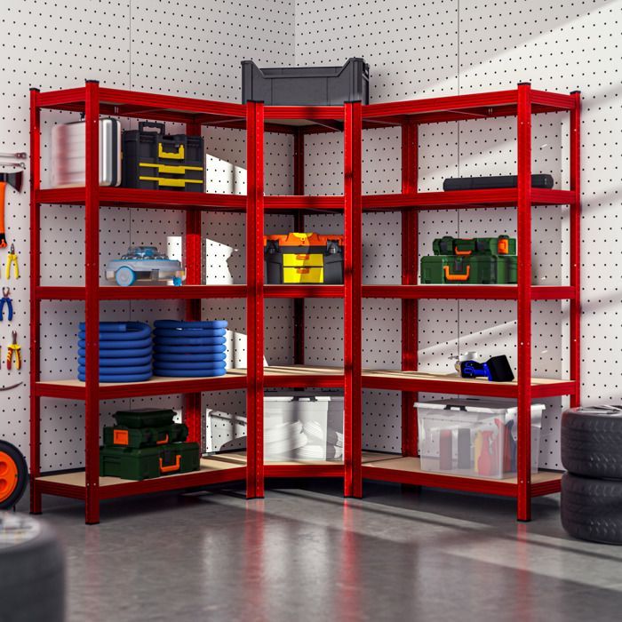 MONZANA® Juego de 3 estanterías de alta resistencia, 5 niveles, color rojo, estantería metálica modular, capacidad de 2625 kg, estantería de esquina para garaje o taller.