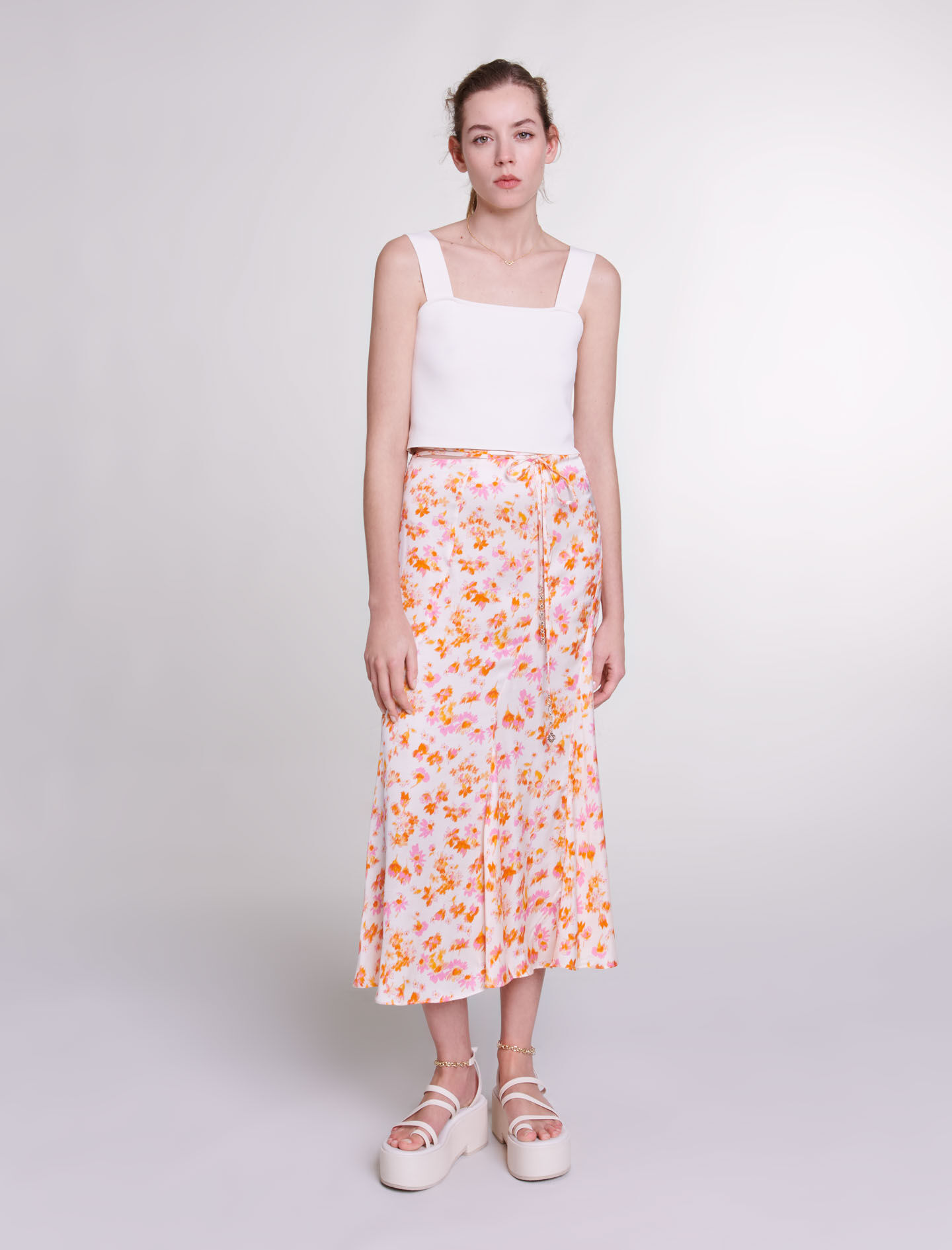 Satijnen rok met bloemenprint-imprimé printemps fleur oranje