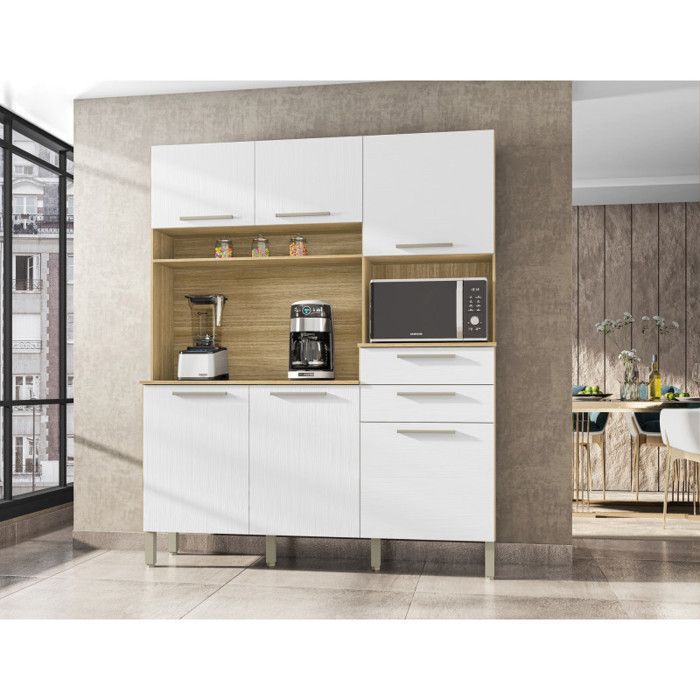 Aparador de cozinha com 6 portas e 2 gavetas, em carvalho e branco, 160,7 cm de largura x 196 cm de altura x 38,8 cm de profundidade.