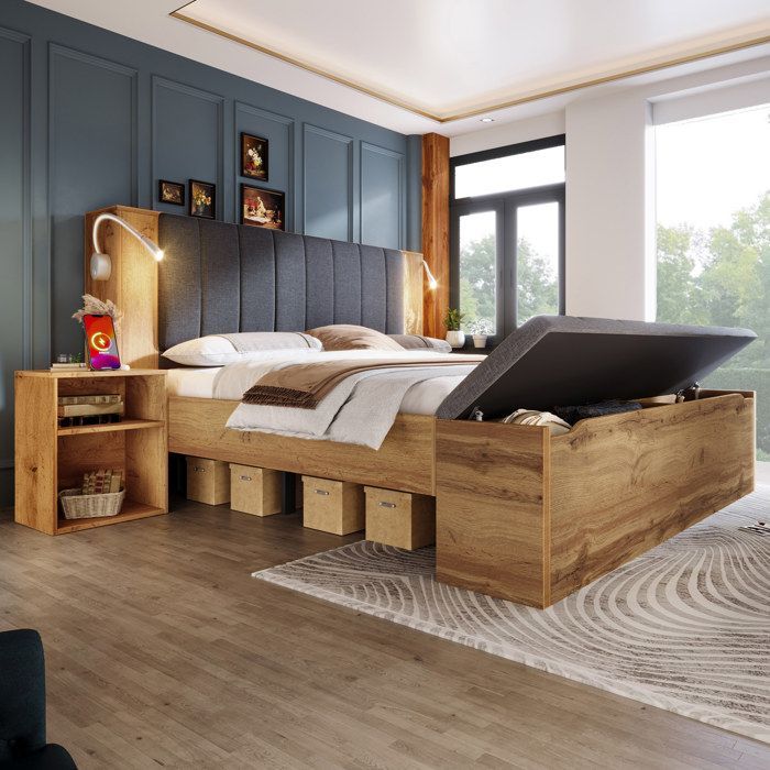 Cama adulta de 180x200 cm - MODERNLUXE - Lámparas de lectura + puertos USB + banco con almacenamiento - 2 mesitas de noche - Natural