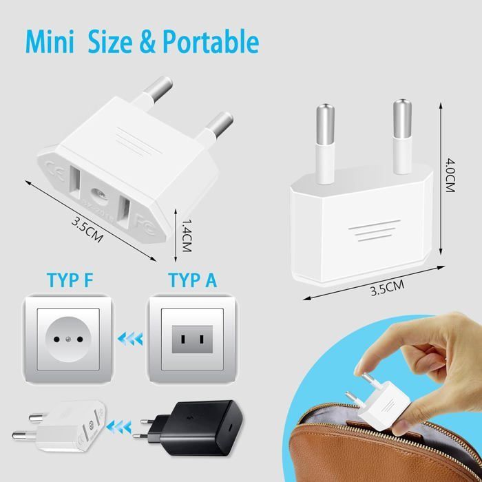 Adaptador de enchufe de 2 piezas de EE. UU. a Francia, adaptador de enchufe alemán, para viajes de EE. UU. a la UE.