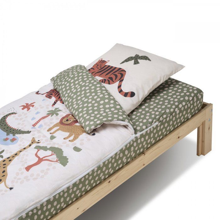 Parure de Lit Enfant Rechange Caradou® Jungle Vert clair en Coton 3 pièces: Couchage tout-en-un sans couette - 90x190cm - BLEU