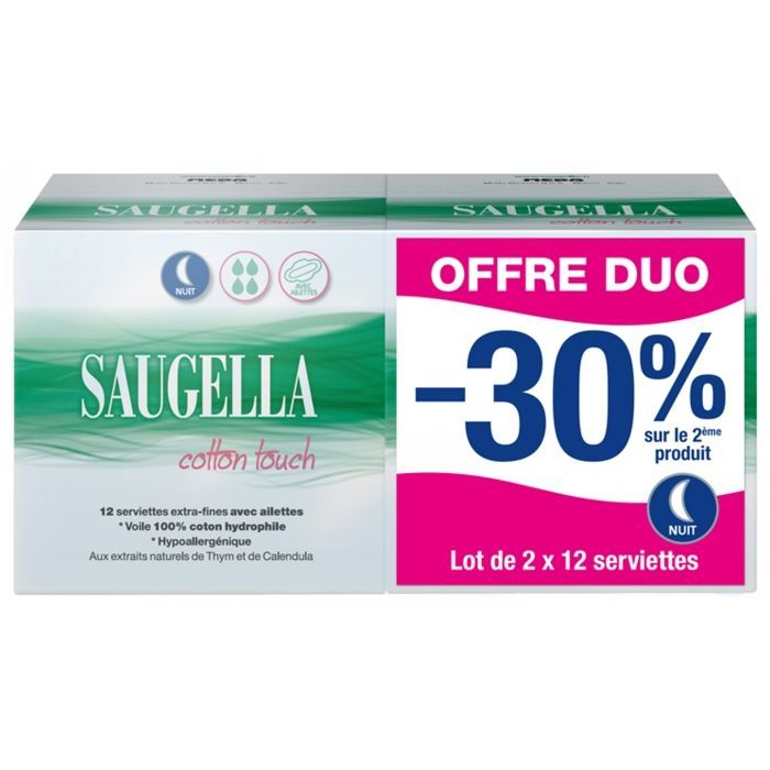 Serviettes hygiéniques - Saugella - Cotton Touch - Extra fines - Nuit - Lot de 2 avec ailettes