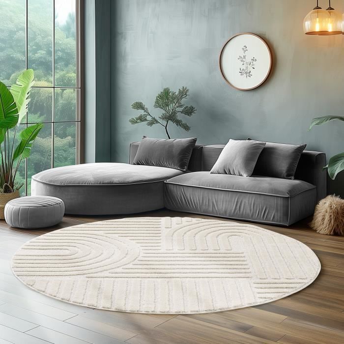 Tapis rond - SIMPEX - Style scandinave - Motifs 3D - Doux et moelleux - Couleur crème