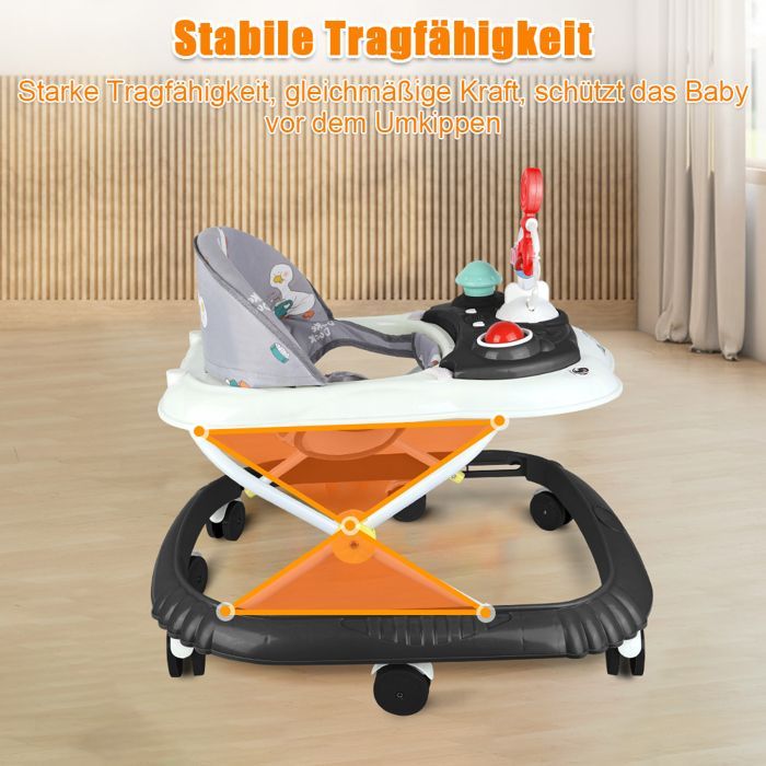 Noir Trotteur Pliable pour Bébé Garçon fille 6-18 Mois, Marcheur avec 4 Hauteur Réglable 37-43cm, Musique plateau amovible,