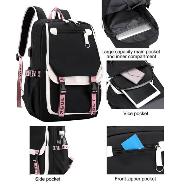 Mochila escolar impermeable de nailon, ideal para primaria y secundaria (niños y niñas), con puerto de carga USB y espacio para auriculares - Rosa