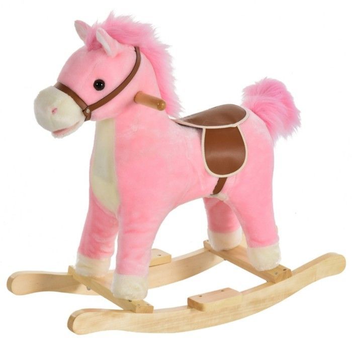 Pink plush rocking horse 65x32.5x61cm with animal sounds, developmental and balance toy for children aged 36 to 72 months, ideal gift
