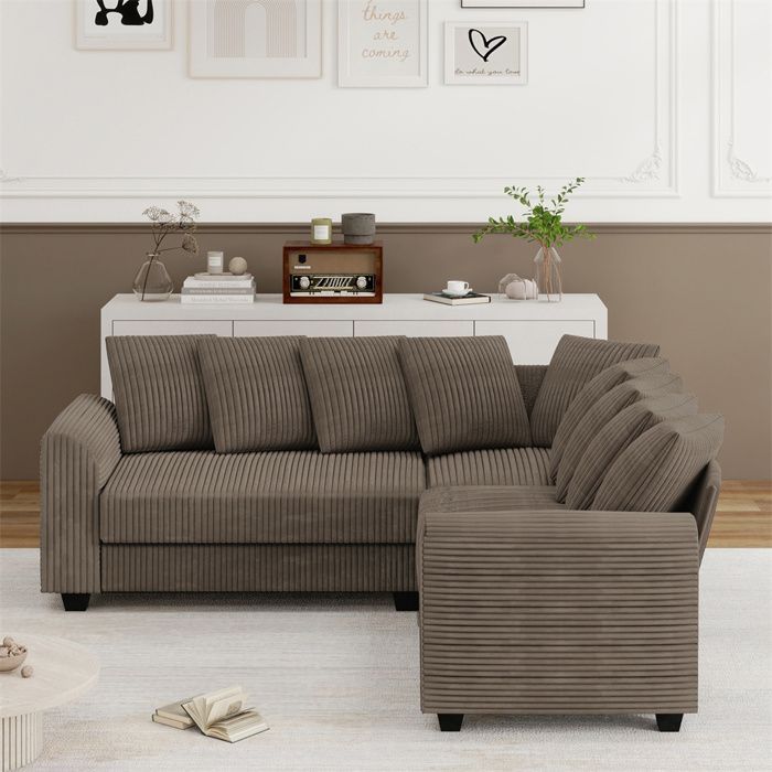 DRIPEX Grand canapé d'angle 6 places en velours côtelé,Canapé modulable en forme de L avec 9 oreillers pour le salon,bureau,Marron