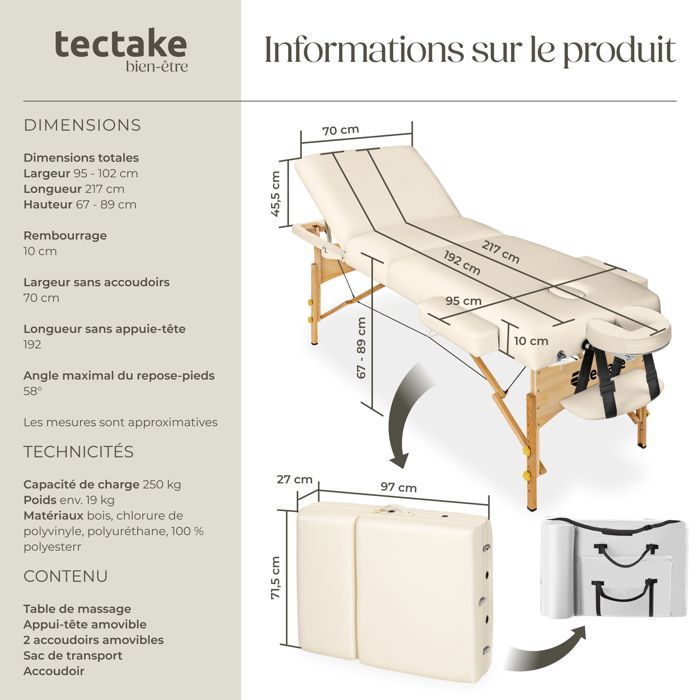 Camilla de masaje - TECTAKE - Camilla de tratamiento plegable de 3 secciones con bolsa de transporte 218 x 102 x 90 cm - Beige
