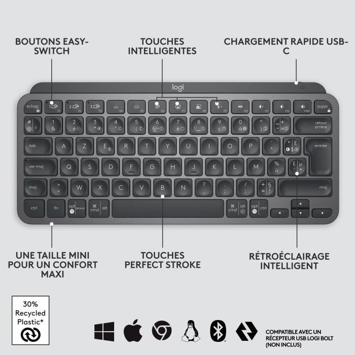 Teclado inalámbrico Logitech MX Keys Mini - AZERTY - Retroiluminado - Negro