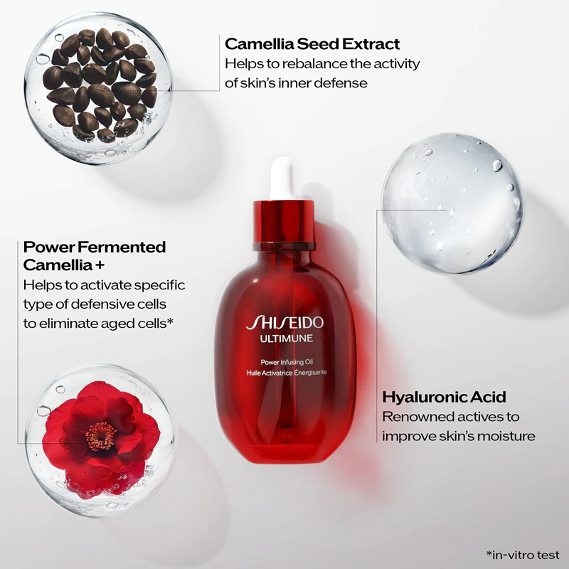 Óleo hidratante Shiseido Ultimune Power Infusing Oil para rosto, corpo e cabelo.