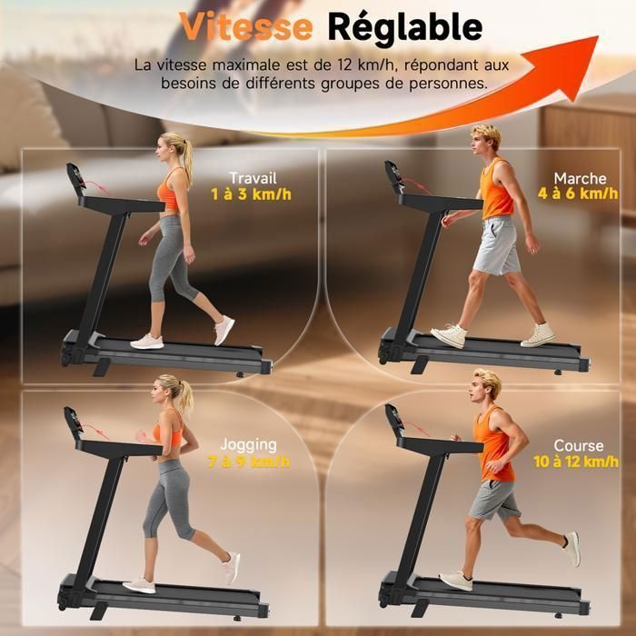 Tapis de course avec 10% d'inclinaison - Tapis de machine électrique - 1-12km/h - Moteur 3,0HP - Ecran LED -  Surface 40 x 97 cm