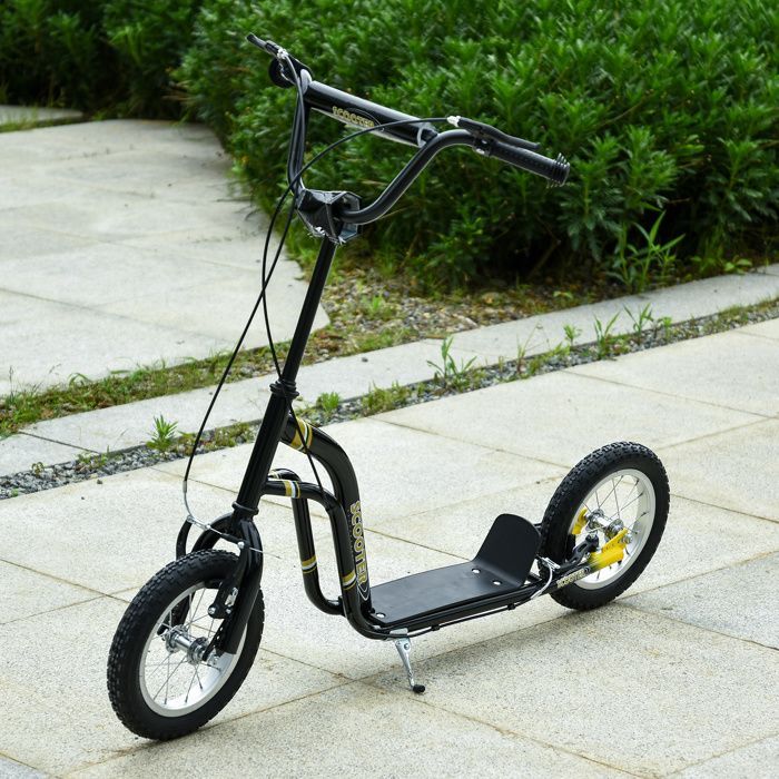 Kinderstep - HOMCOM - 12-inch luchtbanden, 100 kg draagvermogen, geschikt voor alle terreinen, dubbele verstelbare remmen - zwart