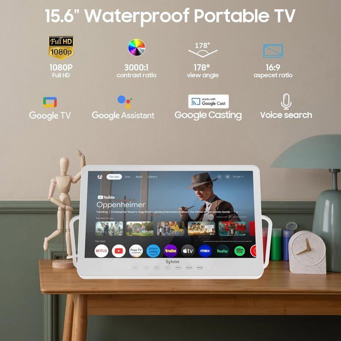 Smart TV portatile SYLVOX da 15,6 pollici con Google TV, impermeabile, Full HD 1080p.