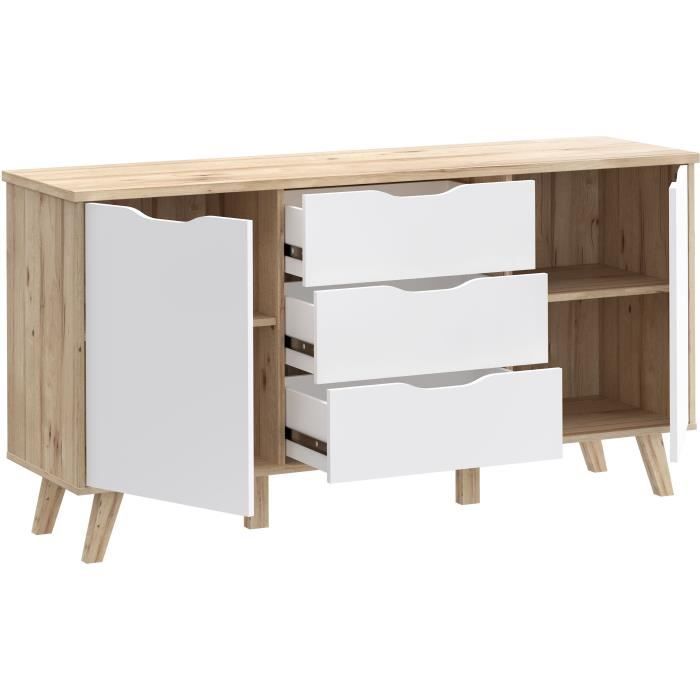 Aparador de 150 cm - VANKKA - Roble / Blanco mate - 2 puertas - 3 cajones