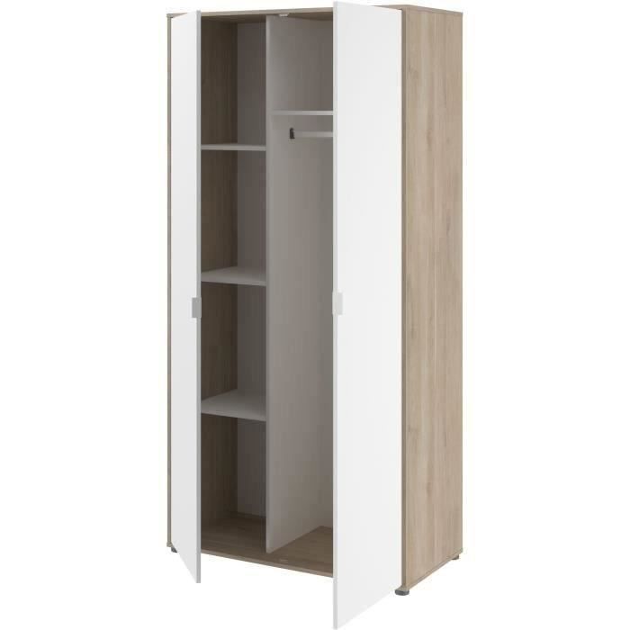 Armoire de chambre AALBORG - Décor Blanc et chêne - 2 portes battantes - L100 x P50,2 x H204,3 cm - PARISOT