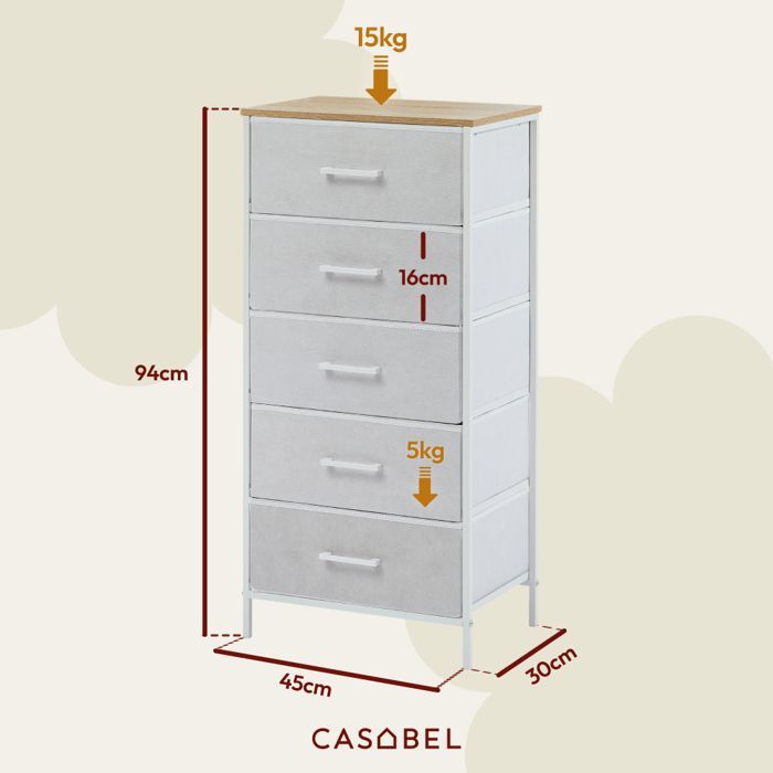 CASABEL Commode haute 5 tiroirs en tissu rigide, métal blanc et bois 45x30x94 cm, idéale pour chambre, salon ou entrée