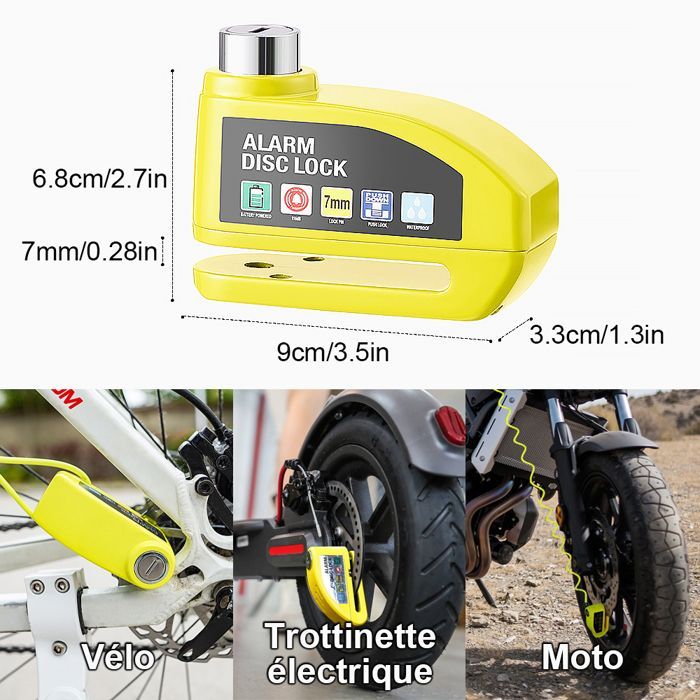 Candado de disco con alarma antirrobo, para bicicletas, patinetes eléctricos, motocicletas, etc., color amarillo (cable de seguridad incluido).