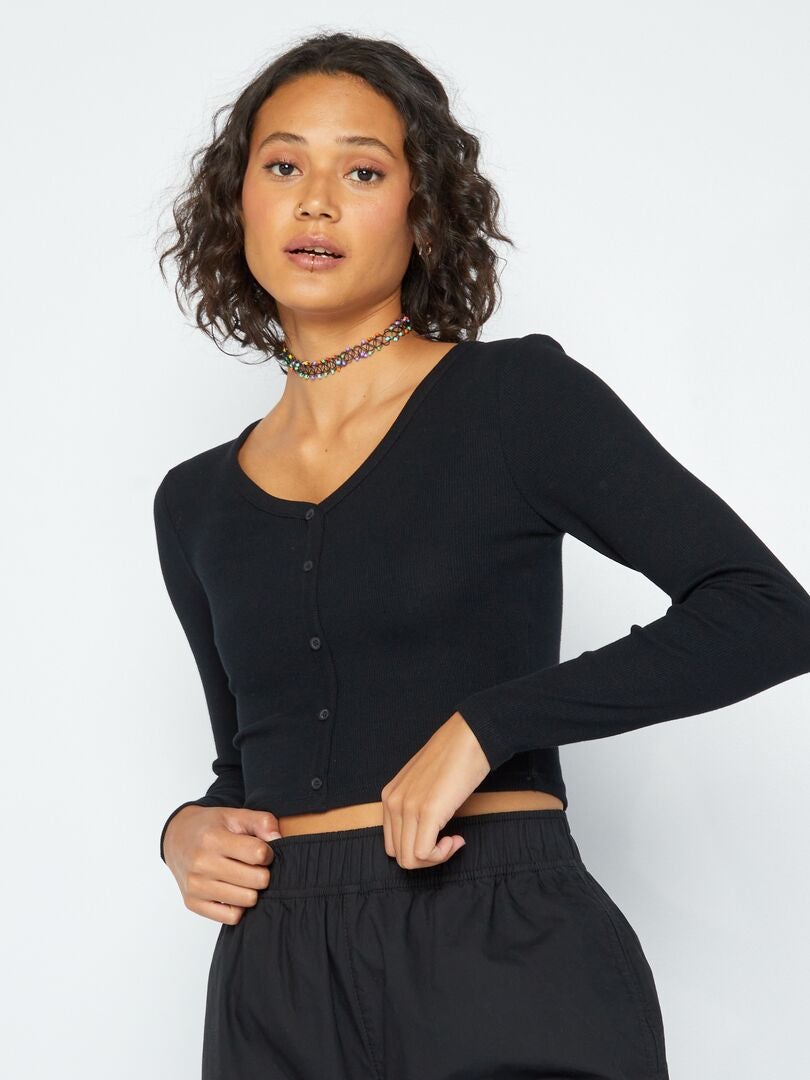 Geribbeld gebreid cropped T-shirt - Zwart