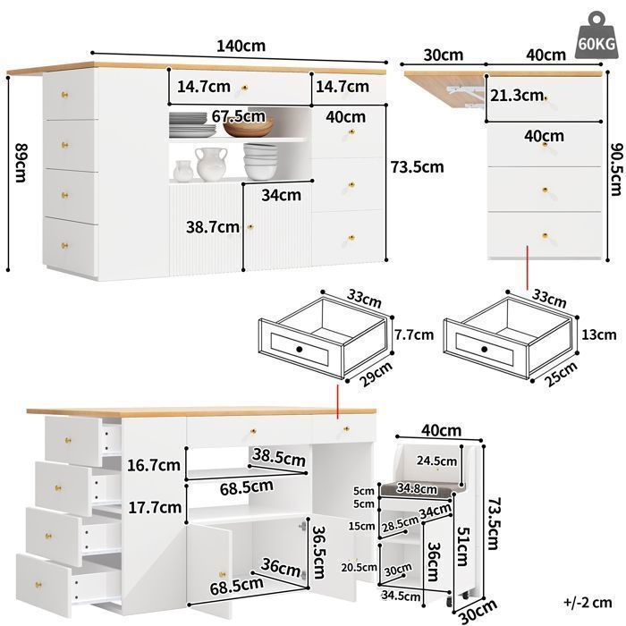 Isla de cocina con 6 cajones y taburetes, aparador con taburetes de bar, mesa de comedor extensible de 140x40 a 70x89 cm, color blanco.