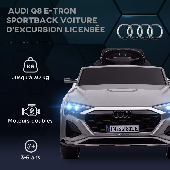 AIYAPLAY Electric Ride-On Car for Kids - Officially Licensed Audi Q8 e-tron Sportback 12V - Headlights, Music, Horn - Ages 3-4 - Grey